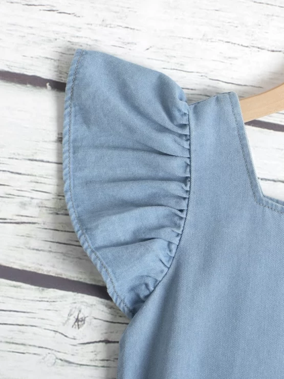 Girls Ruffle Trim Button Front Denim Dress - Image 2