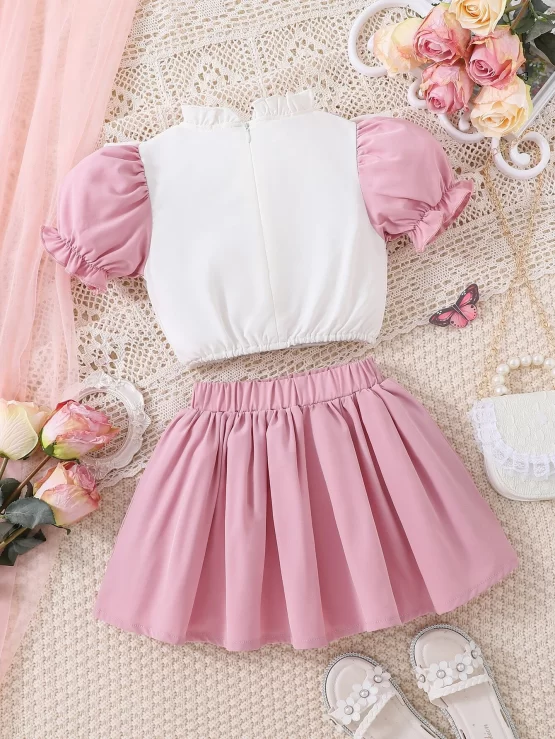 Toddler Girls Ruffle Trim Bow Front Puff Sleeve Top & Skirt - Image 2