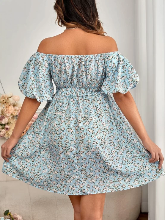 Maternity Ditsy Floral Print Off Shoulder Sleeve Dress - Image 2