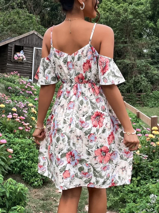 Maternity Floral Print Cold Shoulder Front Dress - Image 2