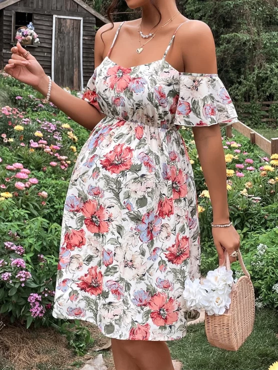 Maternity Floral Print Cold Shoulder Front Dress - Image 3