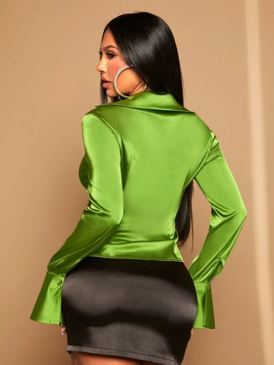 Solid Plain Collar Button Front Satin Shirt - Image 2