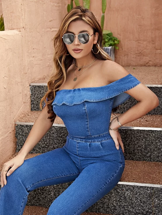 Off Shoulder Ruffle Trim Flare Leg Denim Jumpsuit - Image 3