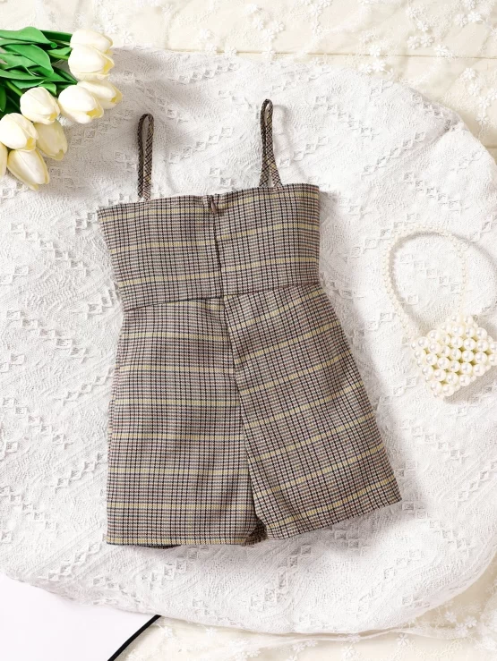 Toddler Girls Plaid Print Button Detail Cami Romper - Image 3
