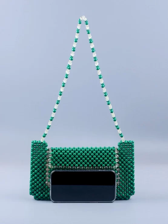 Beaded Green Fashionable Decor Flap Square Bag - Image 3