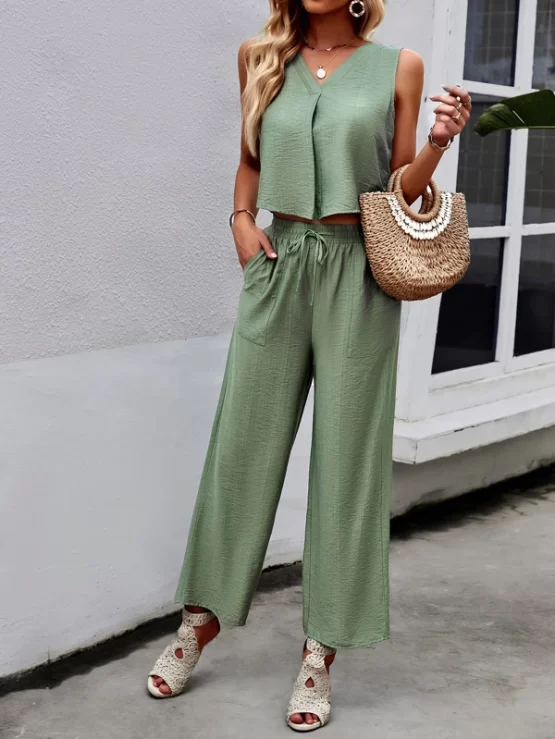 Solid Crop Pocket Tank Top & Wide Leg Pants - Image 3