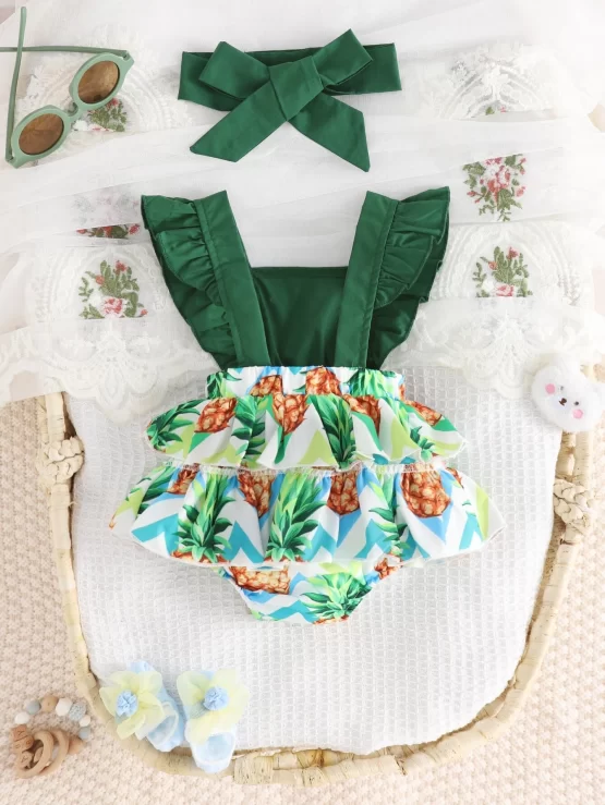 Baby Pineapple Print Ruffle Trim Bodysuit & Headband - Image 2