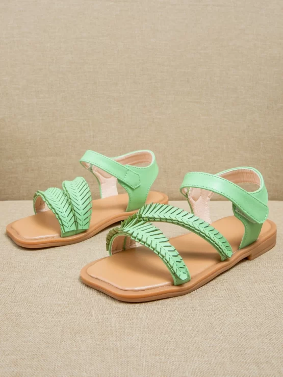 Girls Leaf Decor Hook-and-loop Fastener Flat Sandals, Fashionable Green Ankle Strap Sandals - Image 3