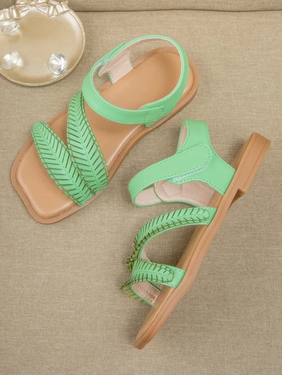 Girls Leaf Decor Hook-and-loop Fastener Flat Sandals, Fashionable Green Ankle Strap Sandals - Image 2