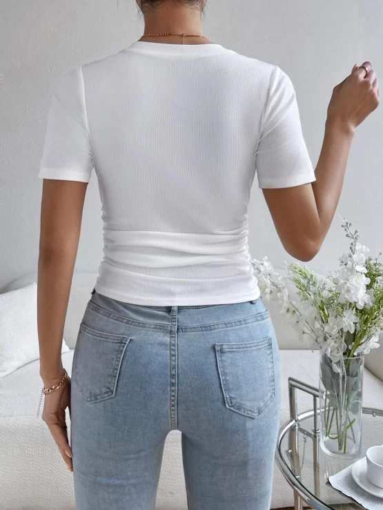 Solid Asymmetrical Ruched Hanky Hem Tee - Image 2