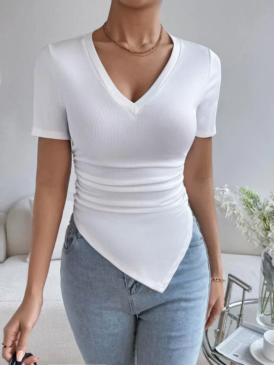 Solid Asymmetrical Ruched Hanky Hem Tee - Image 3