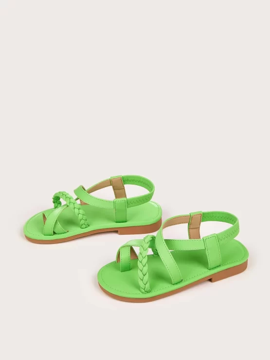 Girls Non Slip Braided Detail Criss Cross Thong Sandals, Fashionable Green Flat Decor Sandals - Image 2