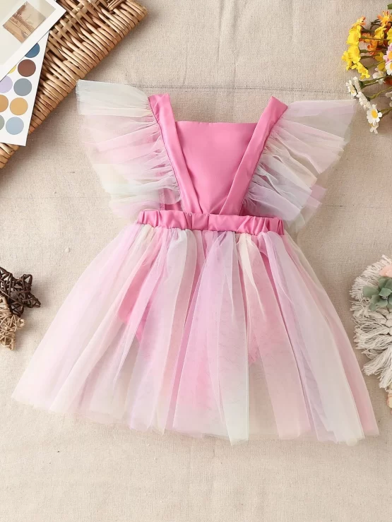 Baby Ruffle Trim Bow Contrast Mesh Front Bodysuit - Image 3