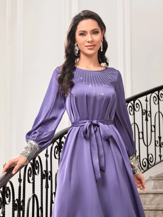 Modely Rhinestone Detail Contrast Sequin Cuff Belted Satin Dress - Image 2