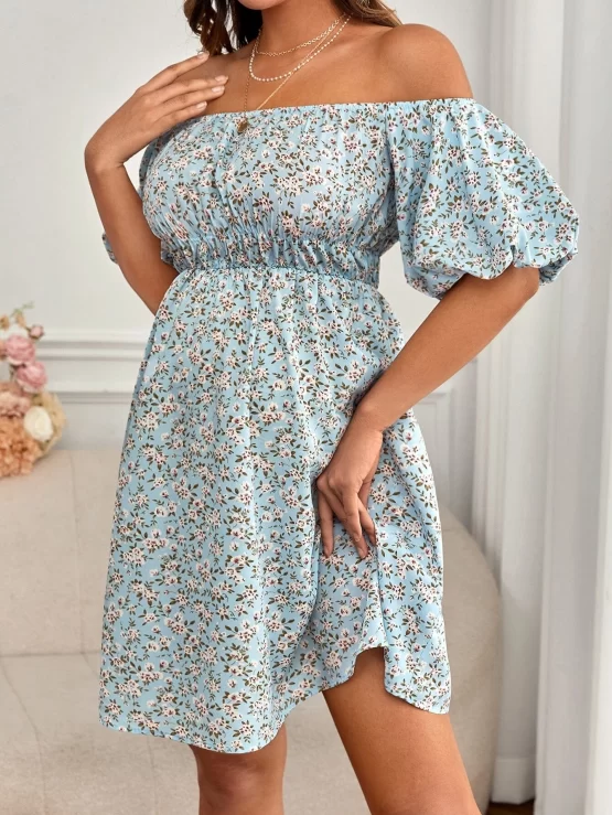 Maternity Ditsy Floral Print Off Shoulder Sleeve Dress - Image 3