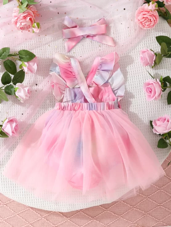 Baby Ombre Ruffle Trim Bow Front Mesh Overlay Bodysuit & Accessory Headband - Image 3
