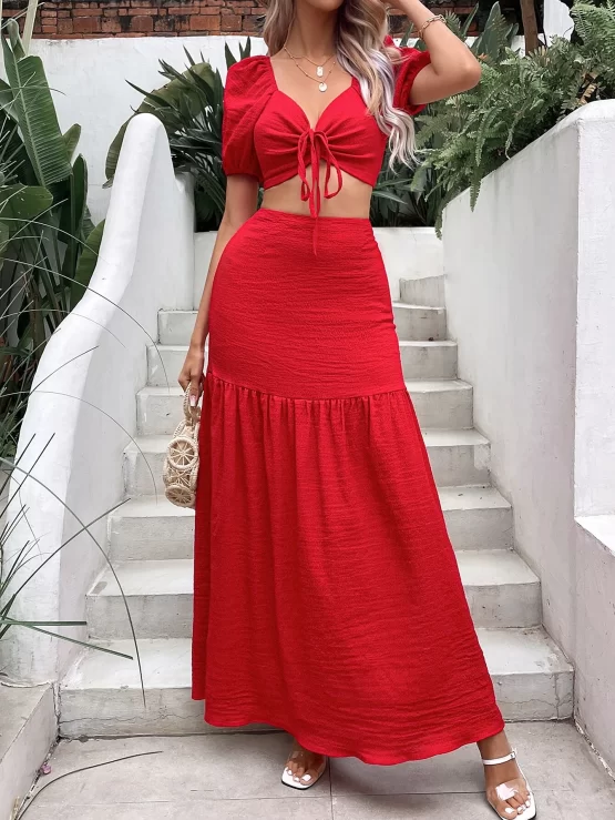 Drawstring Front Crop Top & Ruffle Hem Skirt - Image 3