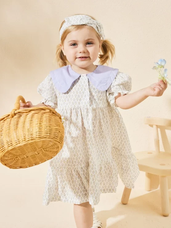 Baby Allover Print Statement Collar Ruffle Hem Trim Dress With Headband - Image 3