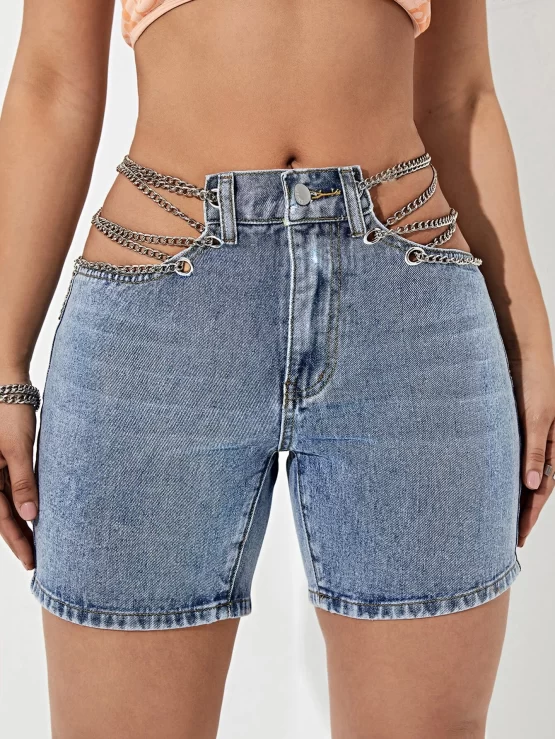 Button Chain Detail Cut Out Denim Shorts - Image 2