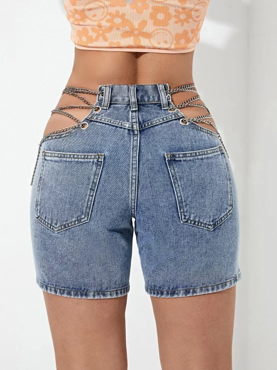 Button Chain Detail Cut Out Denim Shorts - Image 3