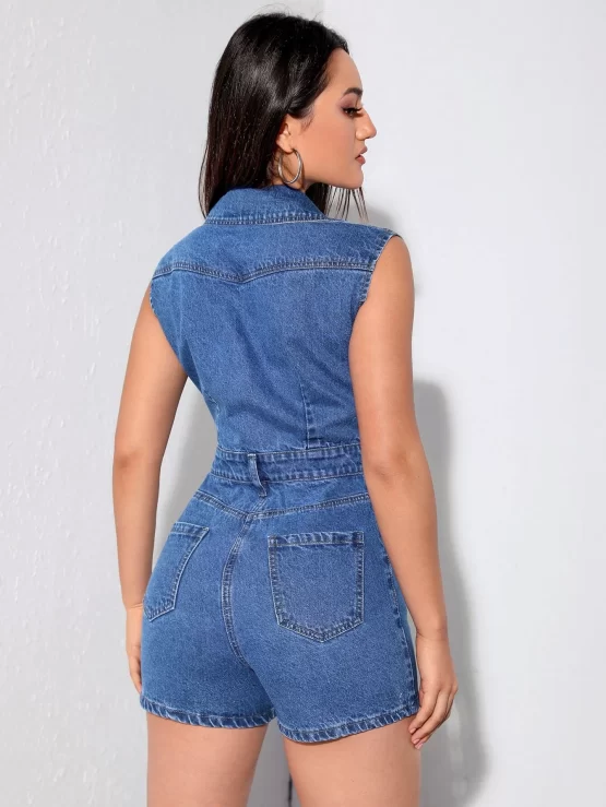 Front Flap Collar Pocket Denim Button Romper - Image 2