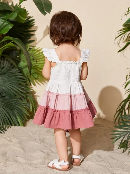 Baby Color Block Frill Ruffle Hem Trim Dress - Image 2