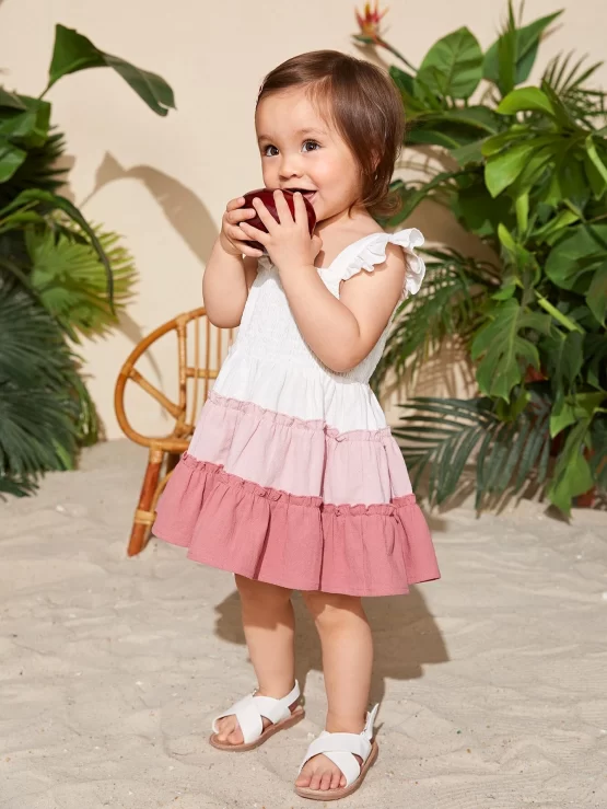 Baby Color Block Frill Ruffle Hem Trim Dress - Image 3