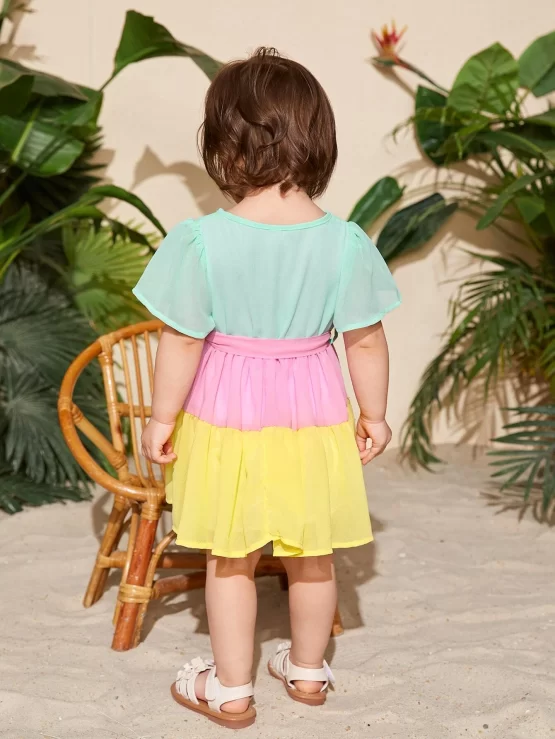Baby Color Block Puff Ruffle Hem Belted Sleeve Dress - Image 3