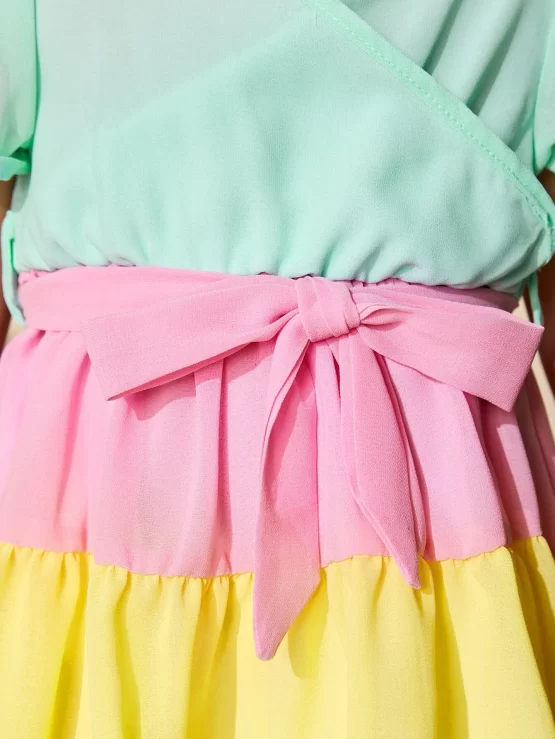 Baby Color Block Puff Ruffle Hem Belted Sleeve Dress - Image 2