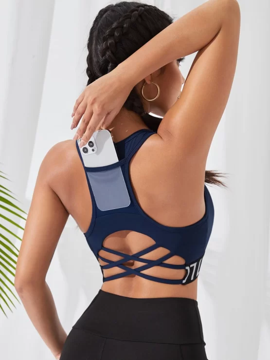 Letter Tape Criss Cross Contrast Mesh Sports Bra - Image 2