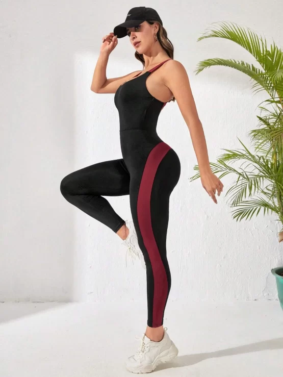 Color block Criss Cross Backless Sports Jumpsuit - Image 2