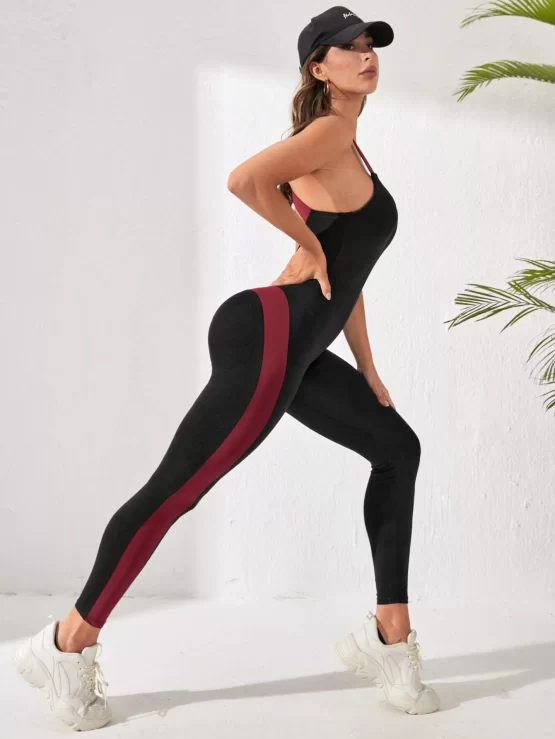 Color block Criss Cross Backless Sports Jumpsuit - Image 3