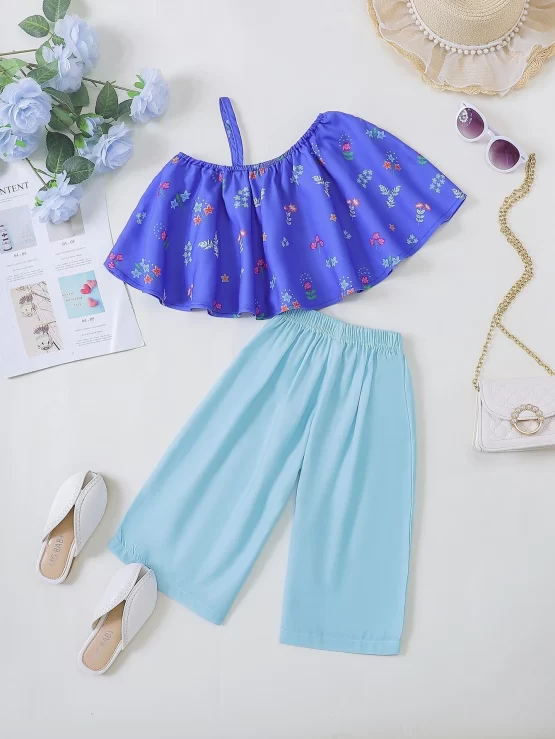 Baby Floral Print Asymmetrical Neck Top & Wide Leg Pants - Image 3