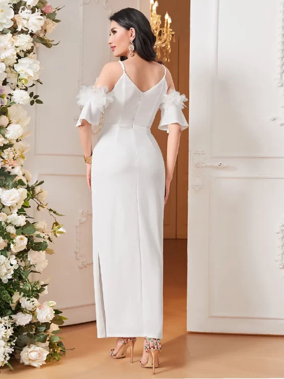 Modely Cold Shoulder Ruffle Trim Split Hem Dress Without Belt - Image 3