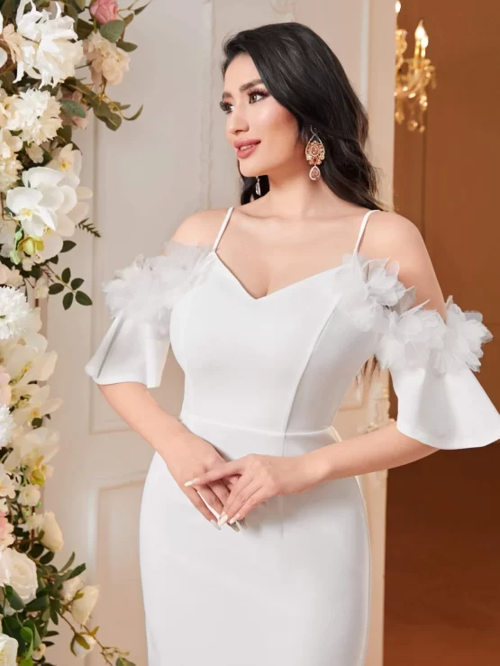 Modely Cold Shoulder Ruffle Trim Split Hem Dress Without Belt - Image 2