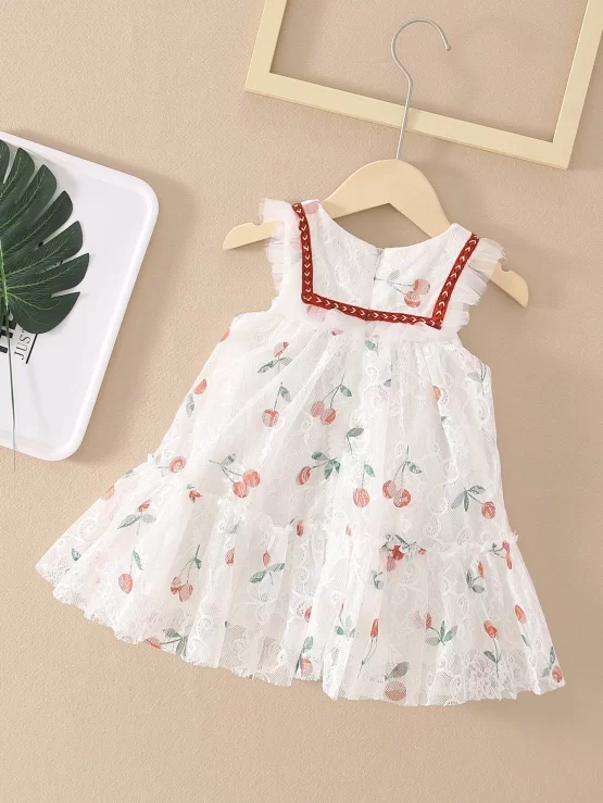 Toddler Girls Cherry Print Ruffle Hem Mesh Smock Dress - Image 3
