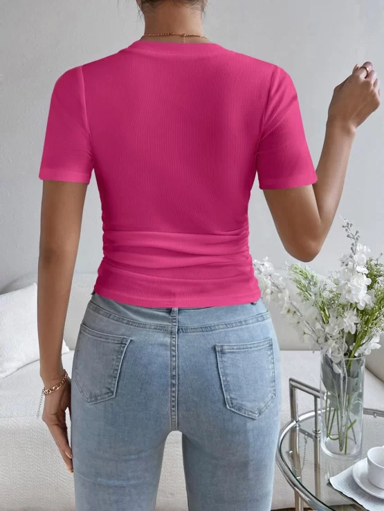Solid Asymmetrical Ruched Hanky Hem Tee - Image 5