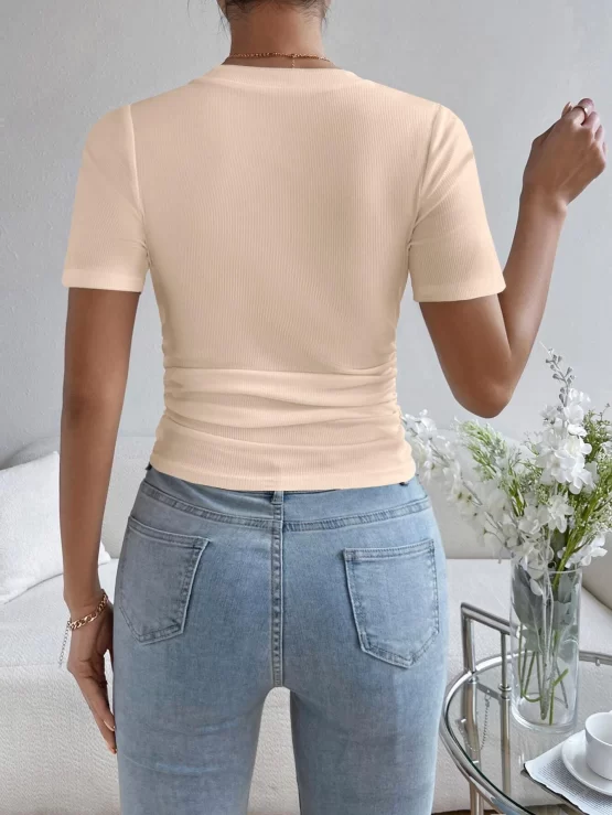 Solid Asymmetrical Ruched Hanky Hem Tee - Image 8