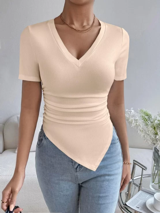 Solid Asymmetrical Ruched Hanky Hem Tee - Image 9