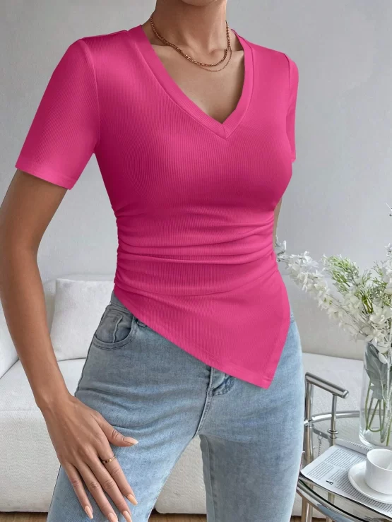 Solid Asymmetrical Ruched Hanky Hem Tee - Image 4
