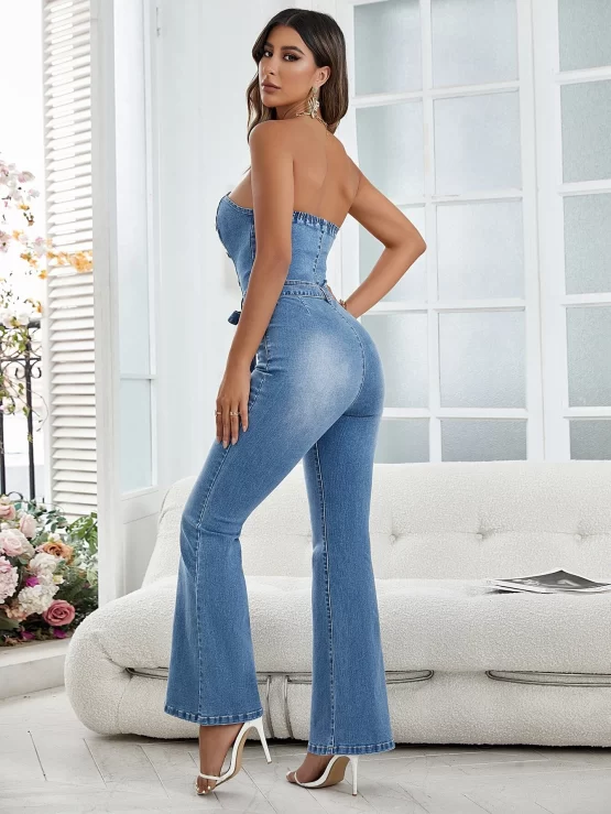 Button Front Belted Flare Leg Tube Denim Jumpsuit - Image 2