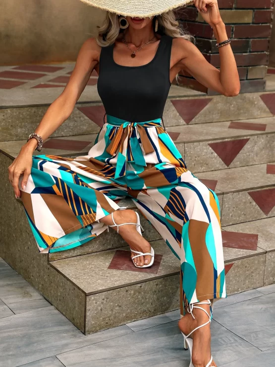 Geometric Print Belted Wide Leg Jumpsuit - Image 2
