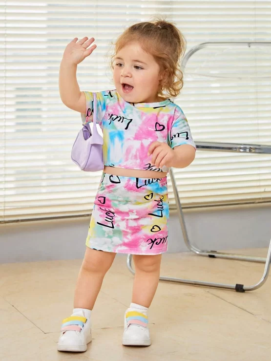 Baby Tie Dye Sleeve Letter Graphic Tee & Skirt - Image 2