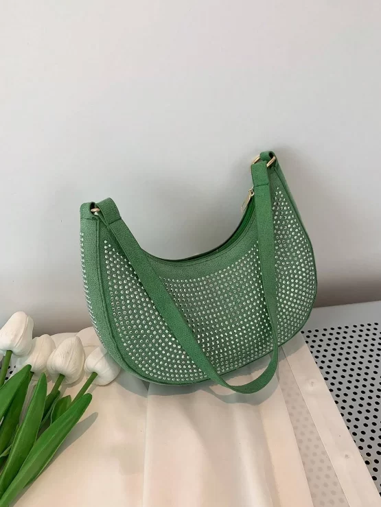 Green Small Hobo Bag Plain Studded Decor - Image 2