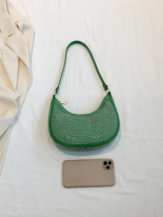 Green Small Hobo Bag Plain Studded Decor - Image 3