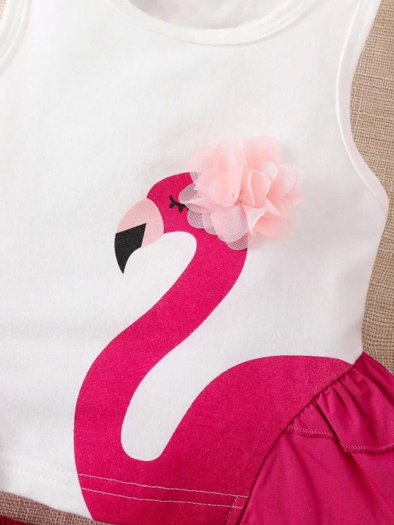 Baby Swan Print Ruffle Trim Tank Top & Shorts - Image 3