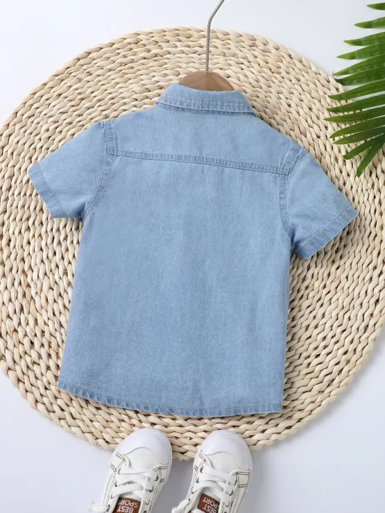 Toddler Boys Button Front Pocket Patched Denim Sleeve Shirt Without Tee - Image 2