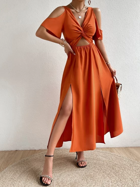 Unity Cold Shoulder Twist Front Cut Out Split Thigh Dress - Image 3
