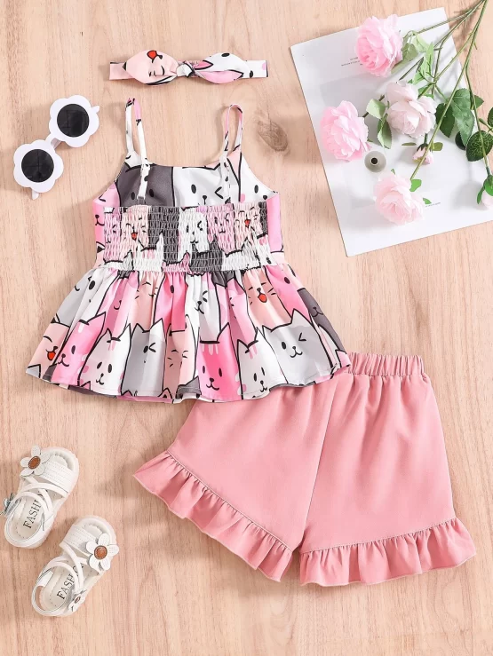 Toddler Girls Cartoon Graphic Cami Top & Ruffle Hem Shorts & Headband - Image 2
