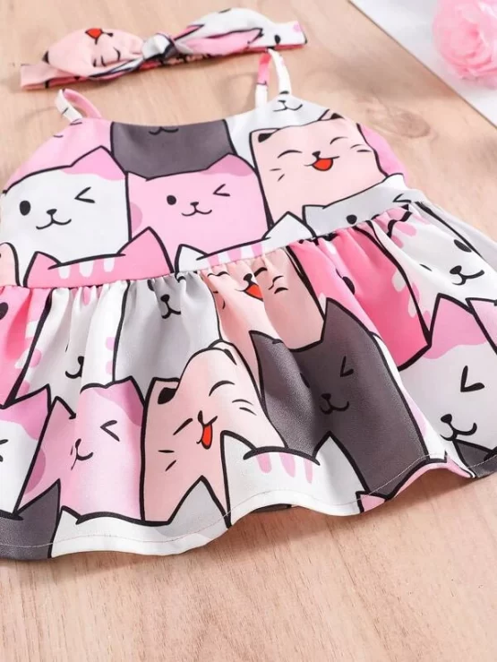 Toddler Girls Cartoon Graphic Cami Top & Ruffle Hem Shorts & Headband - Image 3